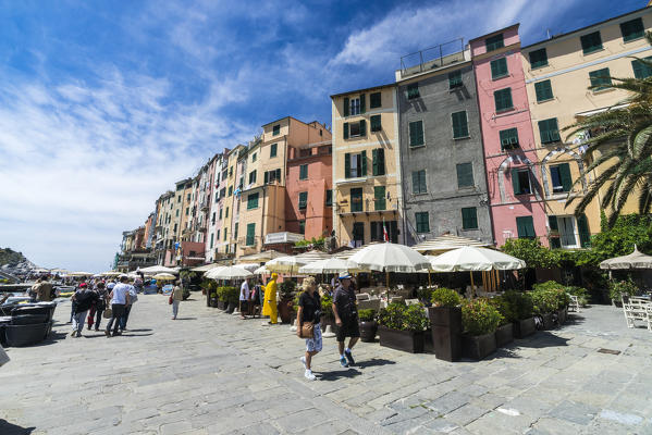 Tourists in the pedestrian center of the colorful village Portovenere La Spezia province Liguria Italy Europe