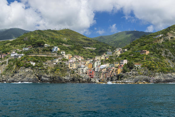 Colorful houses and typical architecture of  Riomaggiore Cinque Terre National Park province of La Spezia Liguria Italy Europe