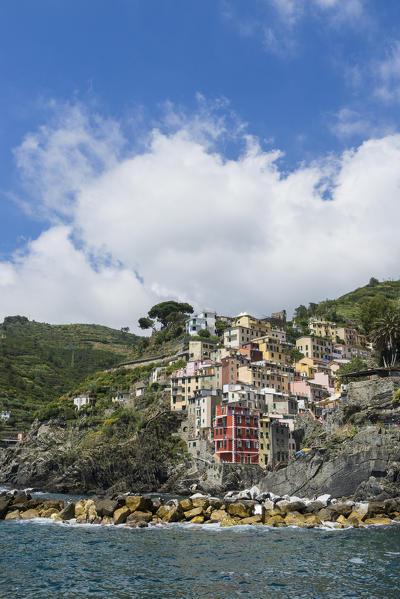 Colorful houses and typical architecture of  Riomaggiore Cinque Terre National Park province of La Spezia Liguria Italy Europe