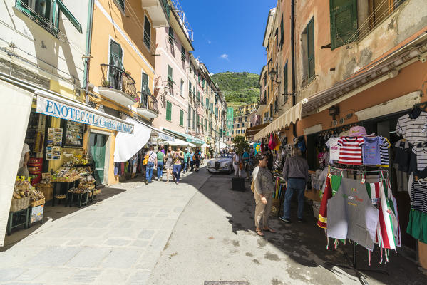 Tourists in the pedestrian center of Vernazza Cinque Terre National Park province of La Spezia Liguria Italy Europe