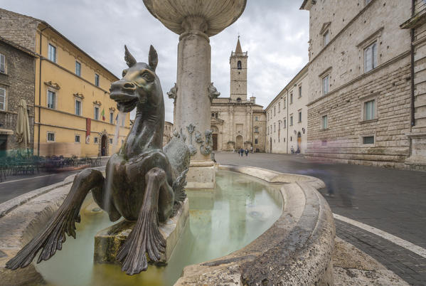 The decorated fountain frames the Cathedral in Arringo Square Ascoli Piceno Marche Italy Europe