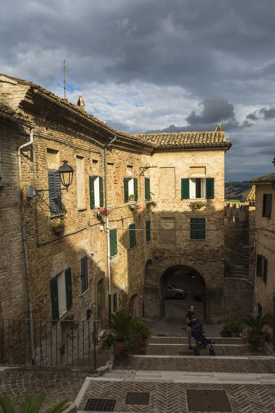 A typical alley and the architecture of the old town of Corinaldo Province of Ancona Marche Italy Europe