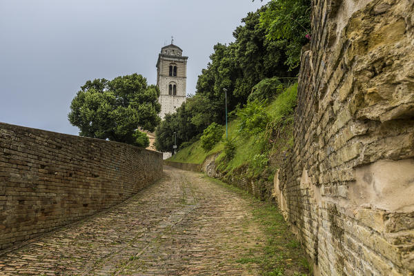 The medieval walls frame the ancient Fermo Cathedral located on the hill Marche Italy Europe