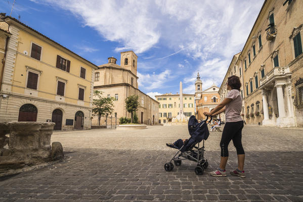 A view of the historical buildings and obelisk of the ancient Piazza Federico II Jesi Province of Ancona Marche Italy Europ