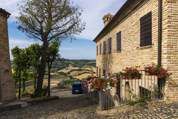 A typical alley of the medieval village perched on the hill Offagna Province of Ancona Marche italy Europe