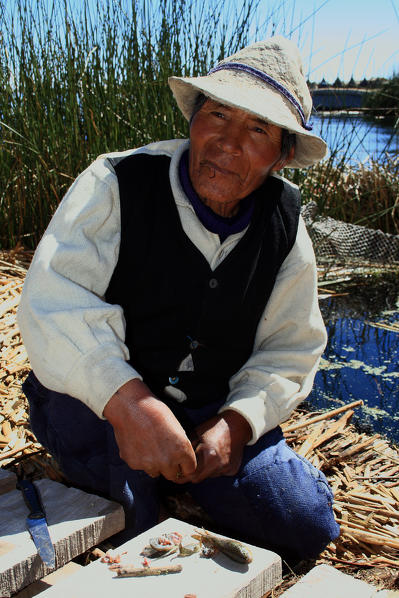 Fisherman cleaning the fish on the shore of Lake Titicaca in Peru South America