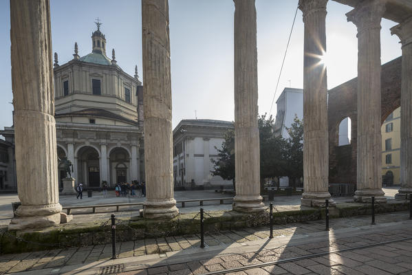 The ancient Roman columns and the Basilica of San Lorenzo Maggiore Corso di Porta Ticinese Milan Lombardy Italy Europe