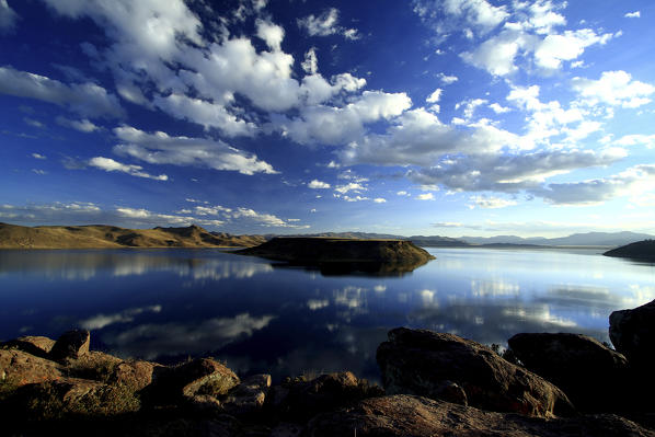 Lake Umayo, Sillustani, where you can see a pre-Incan burial ground. The tombs, which are built above ground in tower-like structures called chullpas, are the vestiges of the Colla people, Aymara who were conquered by the Inca in the 15th century Peru South America