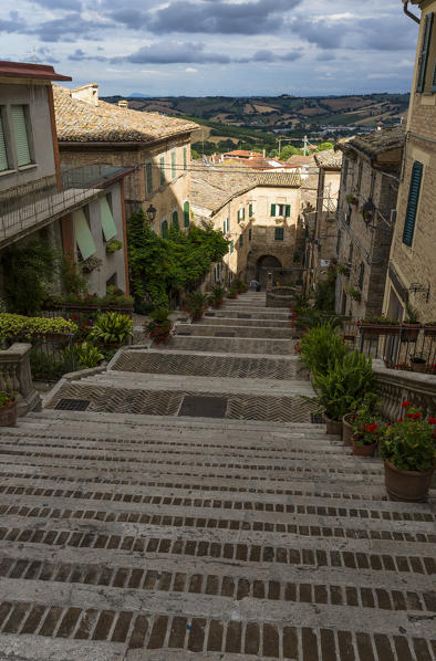 A typical flight of steps among the houses of the old town of Corinaldo  Province of Ancona Marche Italy Europe
