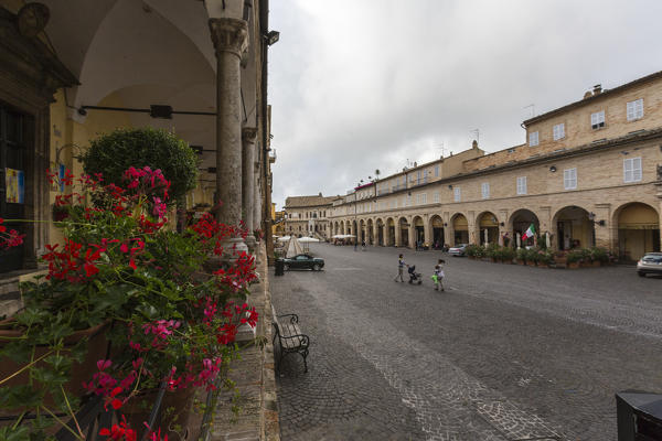 View of the historical buildings and arcades of Piazza del Popolo Fermo Marche Italy Europe