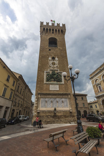 The medieval civic tower in the hometown of the poet Giacomo Leopardi Recanati Province of Macerata Marche Italy Europe