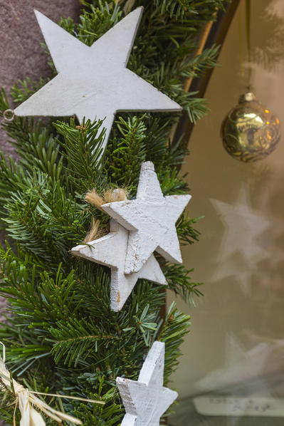 White stars as Christmas ornaments and decorations Kaysersberg Haut-Rhin department Alsace France Europe