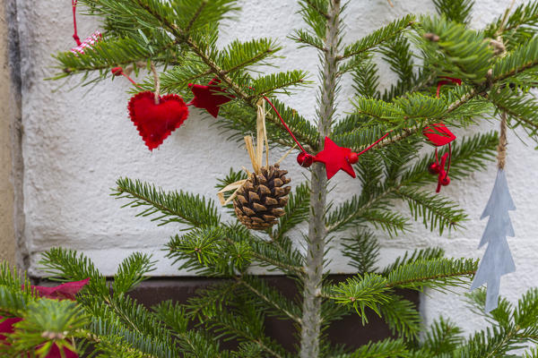 Details of artistic and colored Christmas ornaments and decorations Kaysersberg Haut-Rhin department Alsace France Europe