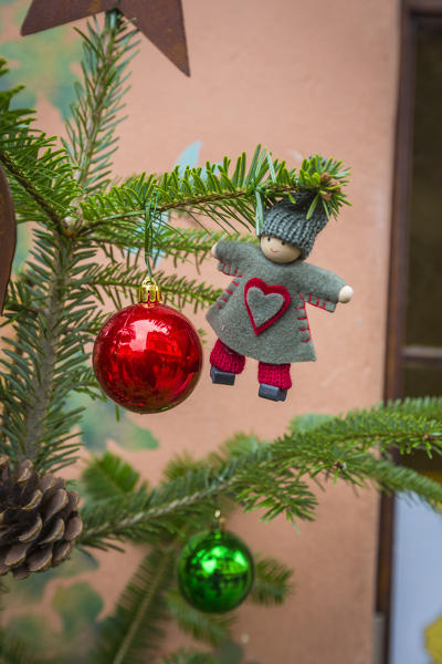 Details of artistic and colored Christmas ornaments and decorations Kaysersberg Haut-Rhin department Alsace France Europe