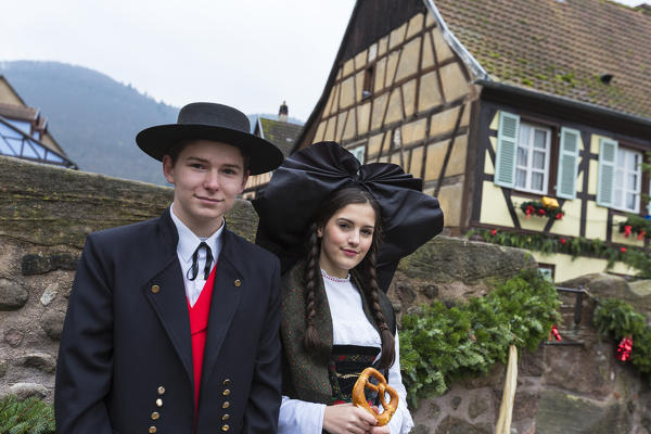 Portrait of young people with traditional costumes and clothing Kaysersberg Haut-Rhin department Alsace France Europe