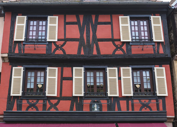 Typical architecture and colored facade of house in the old medieval town Kaysersberg Haut-Rhin department Alsace France Europe