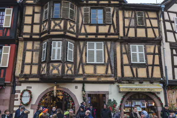 Typical architecture and colored facade of houses in the old medieval town Kaysersberg Haut-Rhin department Alsace France Europe