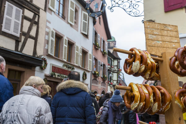 The typical bakery product called Bretzel in the old town of Kaysersberg Haut-Rhin department Alsace France Europe