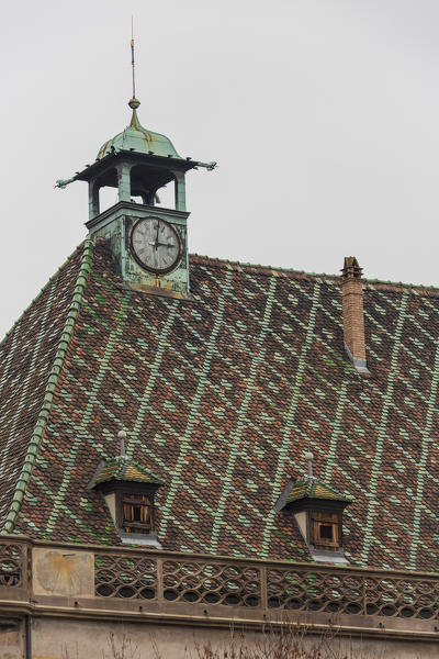 Details of typical architecture of bell tower on roof of medieval old town Colmar Haut-Rhin department Alsace France Europe