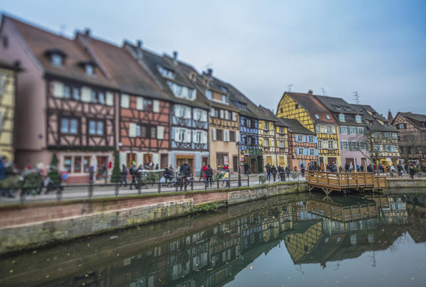 Colored houses reflected in river Lauch at Christmas time Petite Venise Colmar Haut-Rhin department Alsace France Europe