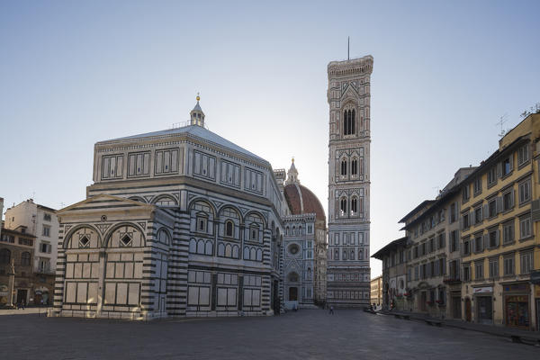 The facade of Duomo di Firenze and Giotto's Campanile with Brunelleschi's Dome in the background Florence Tuscany Italy Europe
