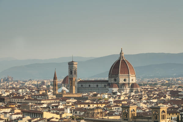 View of the Duomo with Brunelleschi Dome and Basilica di Santa Croce from Piazzale Michelangelo Florence Tuscany Italy