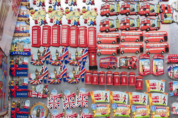 Details of the typical british souvenirs for tourists in the shops of Camden Market North West London United Kingdom