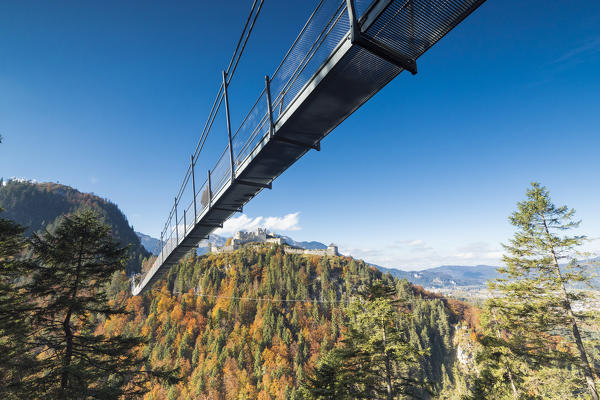View of the suspension bridge called Highline 179 framed by colorful woods in autumn Ehrenberg Castle Reutte Austria Europe