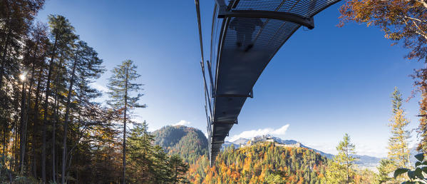 Panorama of the suspension bridge called Highline 179 framed by colorful woods in autumn Ehrenberg Castle Reutte Austria Europe
