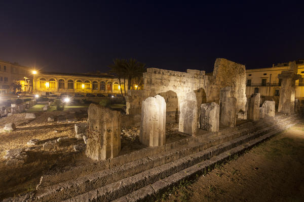 Night view of the ancient Temple of Apollo in the Rocky Necropolis of Pantalica Syracuse Sicily Italy Europe
