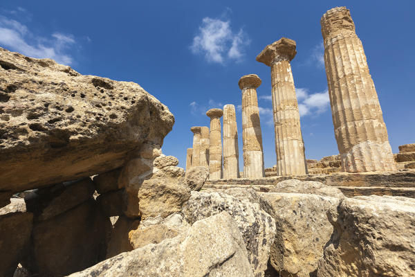 Ancient columns of Temple of Juno a Greek temple of the ancient city of Akragas Valle dei Templi Agrigento Sicily Italy Europe