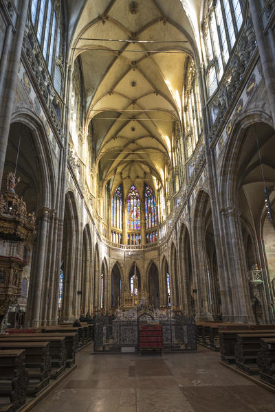 The historical nave of marble and the decorated interior of the Cathedral of Saint Vitus Prague Czech Republic Europe