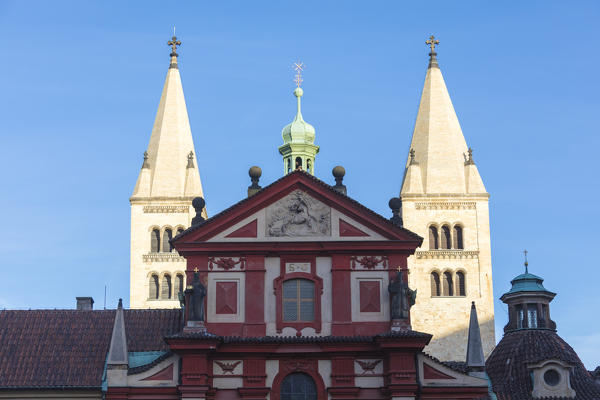 The facade and towers of the Roman Catholic Saint George Church Prague Czech Republic Europe Prague Czech Republic Europe