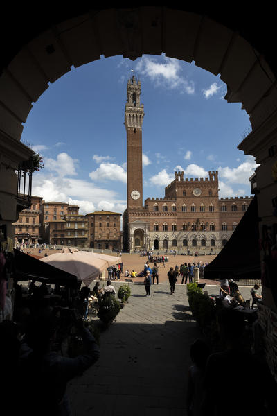 The old arch frames the the historical Palazzo Pubblico and its Torre del Mangia Piazza Del Campo Siena Tuscany Italy Europe