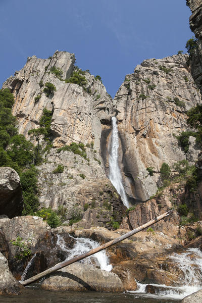 The Piscia di Gallo waterfall surrounded by granite rocks and natural pools Zonza Southern Corsica France Europe