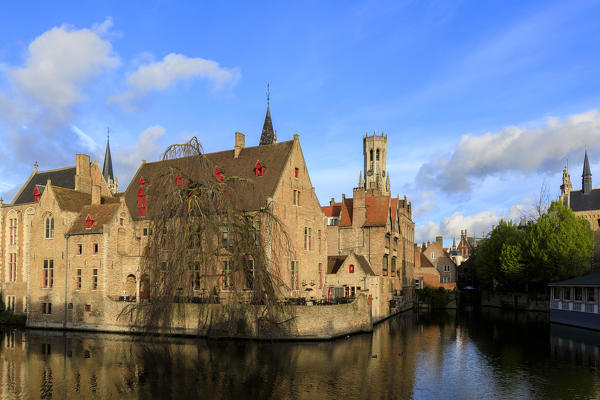 The medieval Belfry and historic buildings are reflected in the typical canals at dawn Bruges West Flanders Belgium Europe