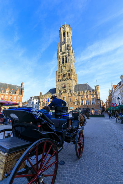 View of the medieval Belfry and Market Square in the historic centre of Bruges West Flanders Belgium Europe