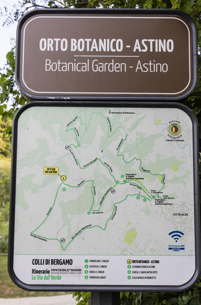 Signboard of the botanical garden, Astino, province of Bergamo, Lombardy, Italy, Europe