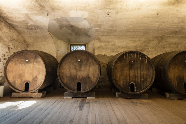 Wood barrels of wine cellar of the monastery of Astino, Longuelo, province of Bergamo, Lombardy, Italy, Europe
