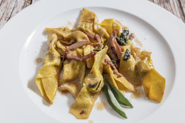 A typical dish of pasta called Casoncelli, monastery of Astino, Longuelo, province of Bergamo, Lombardy, Italy, Europe