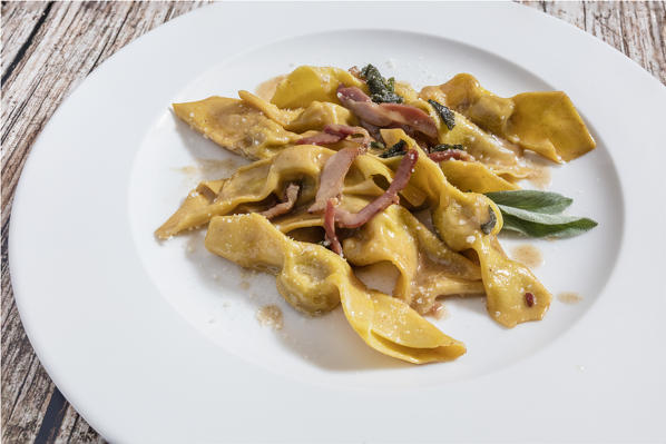 A typical dish of pasta called Casoncelli, monastery of Astino, Longuelo, province of Bergamo, Lombardy, Italy, Europe