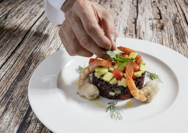 Plate of fresh shrimps called Mazzancolle, monastery of Astino, Longuelo, province of Bergamo, Lombardy, Italy, Europe
