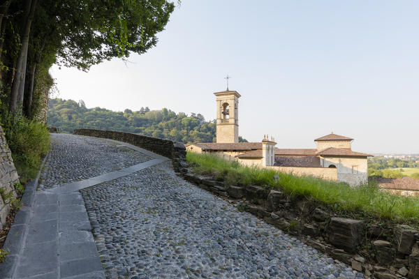 Stone path on hills around the ancient monastery of Astino, Longuelo, Province of Bergamo, Lombardy, Italy, Europe
