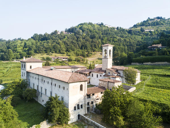 Elevated view of the historical monastery of Astino and green hills, Longuelo, province of Bergamo, Lombardy, Italy, Europe
