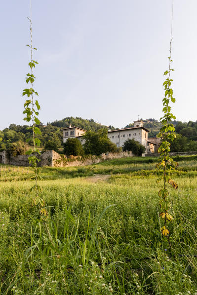 Sunrise on the historical monastery of Astino surrounded by hop fields Longuelo, Province of Bergamo, Lombardy, Italy, Europe