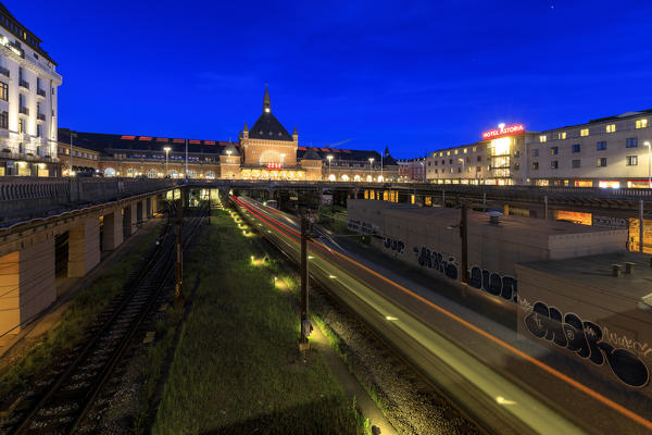The Copenhagen Central Train Station in Vesterbro  at night, Denmark