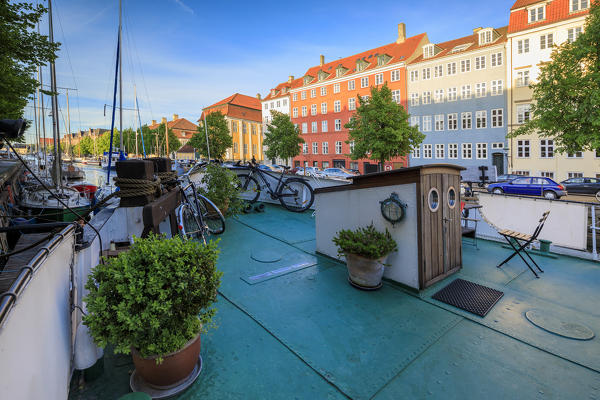 Bicycles on a ferry boat moored in Christianshavn Canal, Copenhagen, Denmark