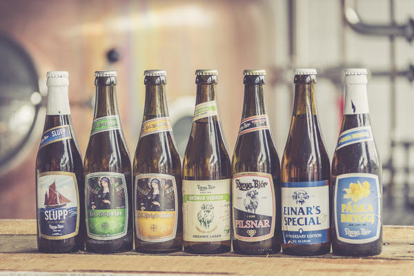 Close up of beer bottles of the Foroya Bjor family brewery, Klaksvik, Bordoy Island, Faroe Islands
