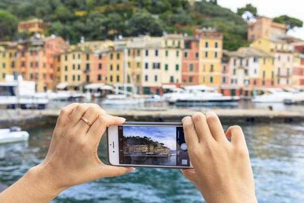 Tourist takes picture of smartphone, Portofino, province of Genoa, Liguria, Italy