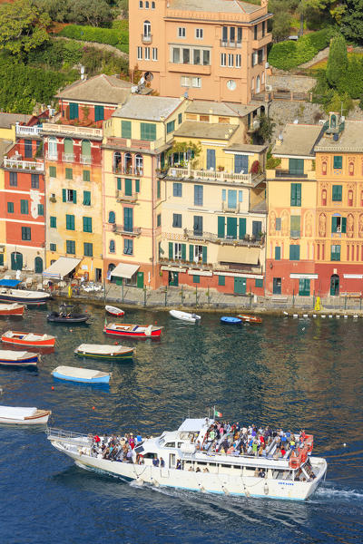 Tourists on boat trip, Portofino, province of Genoa, Liguria, Italy